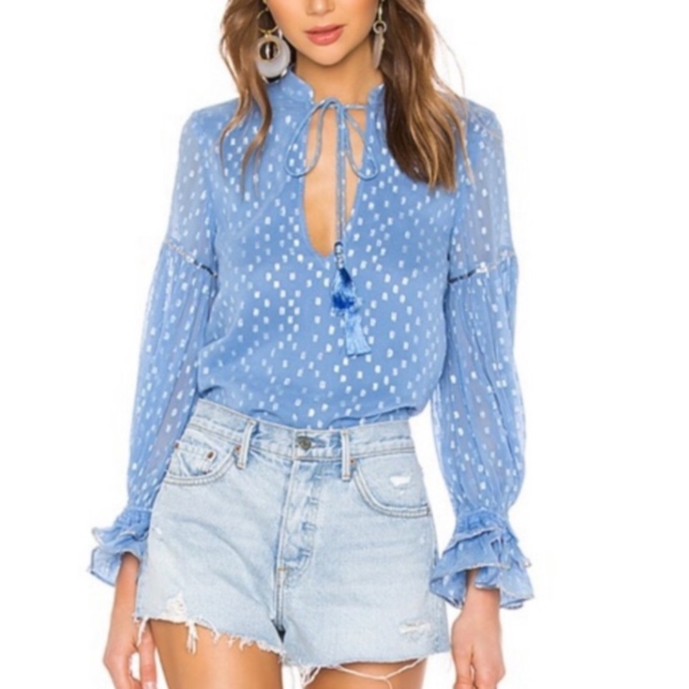 Rococo Sand Sky Blue Blouse with White Dots